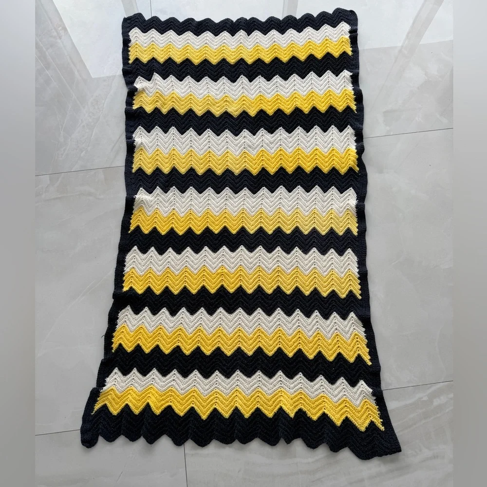 Handmade 1970’s Crocheted Chevron Patterned Afghan Blanket